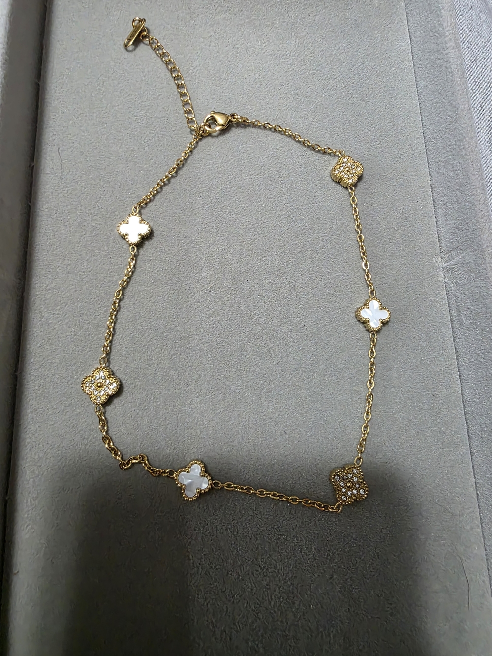 Gold Clover Station Necklace with White Mother-of-Pearl Accents